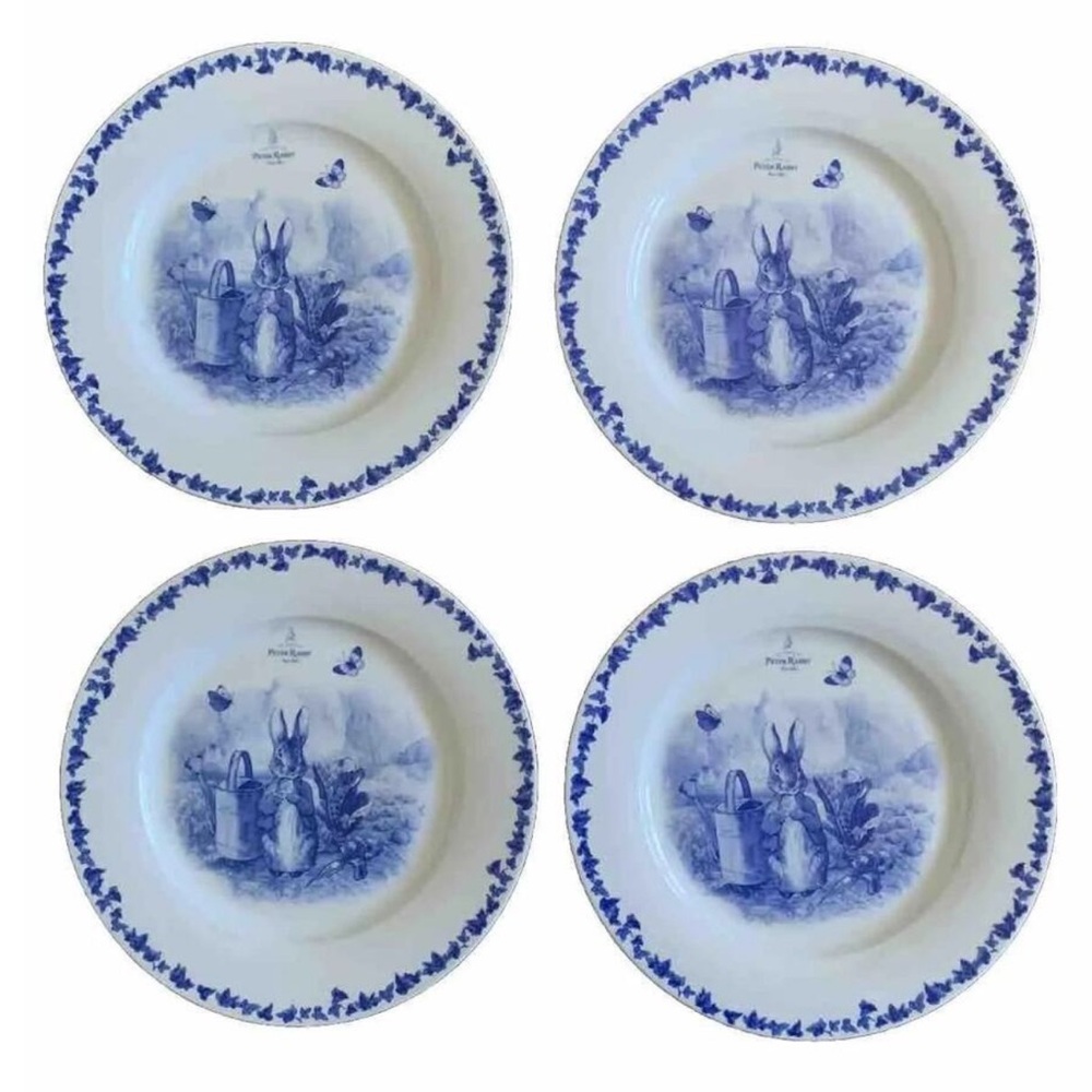 SET of 4 NEW BEATRIX POTTER PETER RABBIT DINNER PLATES DISHES BLUE IVY 10.5” NEW